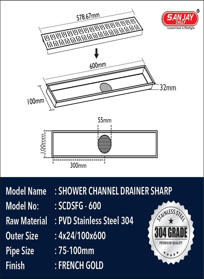 Sanjay Chilly Sharp Shower Channel Drainer Stainless Steel 304 Grade Waste Water Floor Drain Strainer with Cockroach Trap Bathroom Gratings Colour Collection (Center Hole - French Gold - 24x4 INCH) - Image 3